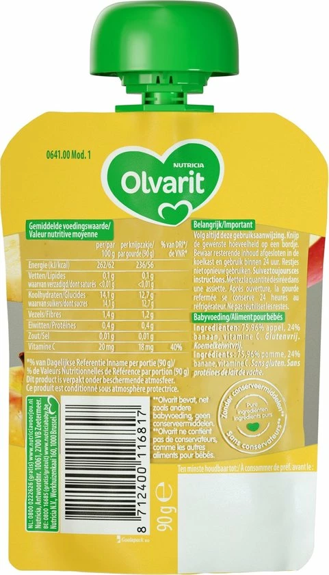 Olvarit Knijpzakjes 6+ Maanden - Appel Banaan - 6 X 90g 3 Olvarit Knijpzakjes 6+ Maanden - Appel Banaan - 6 X 90g - Afbeelding 3