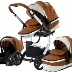 BrightWise® Luxe Kinderwagen 3 In 1 Voldoet Aan Alle Europese Veiligheidscertificaten - Wandelwagen - Kinderwagen 3-in-1 Incl Autostoel - Kinderwagen Maxi Cosi – Buggy 3 In 1 - Newborn - Leer - Bruin
