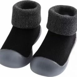 Baby-slofje.nl Fleece Anti-slip Babyschoentjes - Slof Sokken - Eerste Loopschoentjes Van Baby-Slofje - Effen Zwart - Maat 18/19