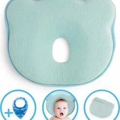 BabyIQ Baby IQ Orthopedisch Baby Hoofdkussen Traagschuim Tegen Plat Achterhoofd Baby Kussen Plat Hoofd - Kraamcadeau Blauw Incl Gratis Bandana Slabber