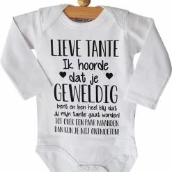 Merkloos Baby Rompertje Met Tekst | Lieve Tante Ik Hoorde Dat Je Geweldig Bent En Ben Heel Blij Dat Jij Mijn Tante Gaat Worden! Ontmoeten! | Lange Mouw | Maat 50-56 | Aankondiging Bekendmaking Zwangerschap Cadeau Voor De Liefste Aanstaande