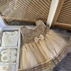 Merkloos Baby Jurk -luxe Feestjurk-doopjurk - Doopkleding -organza Jurk Met Glitters-schoentjes- Pasgeboren-new Born-baby Geschenkset- Vintage Jurk Met Tule-lichtbruin -champagne -creme Kleur-maat 56/62